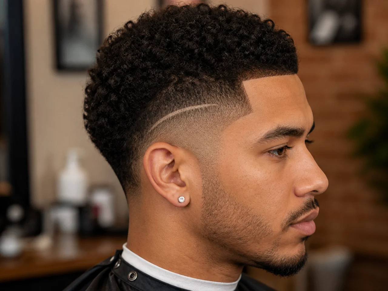 Short textured top with a burst skin fade around the ear and a razored design line running through the fade