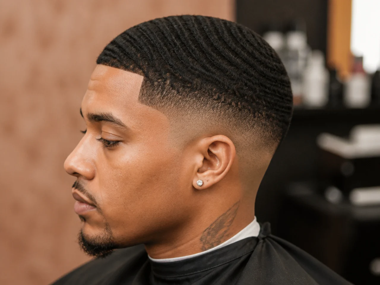 Deep 360 wave pattern on a #1.5 crown with a clean mid skin fade at the sides on a Black man