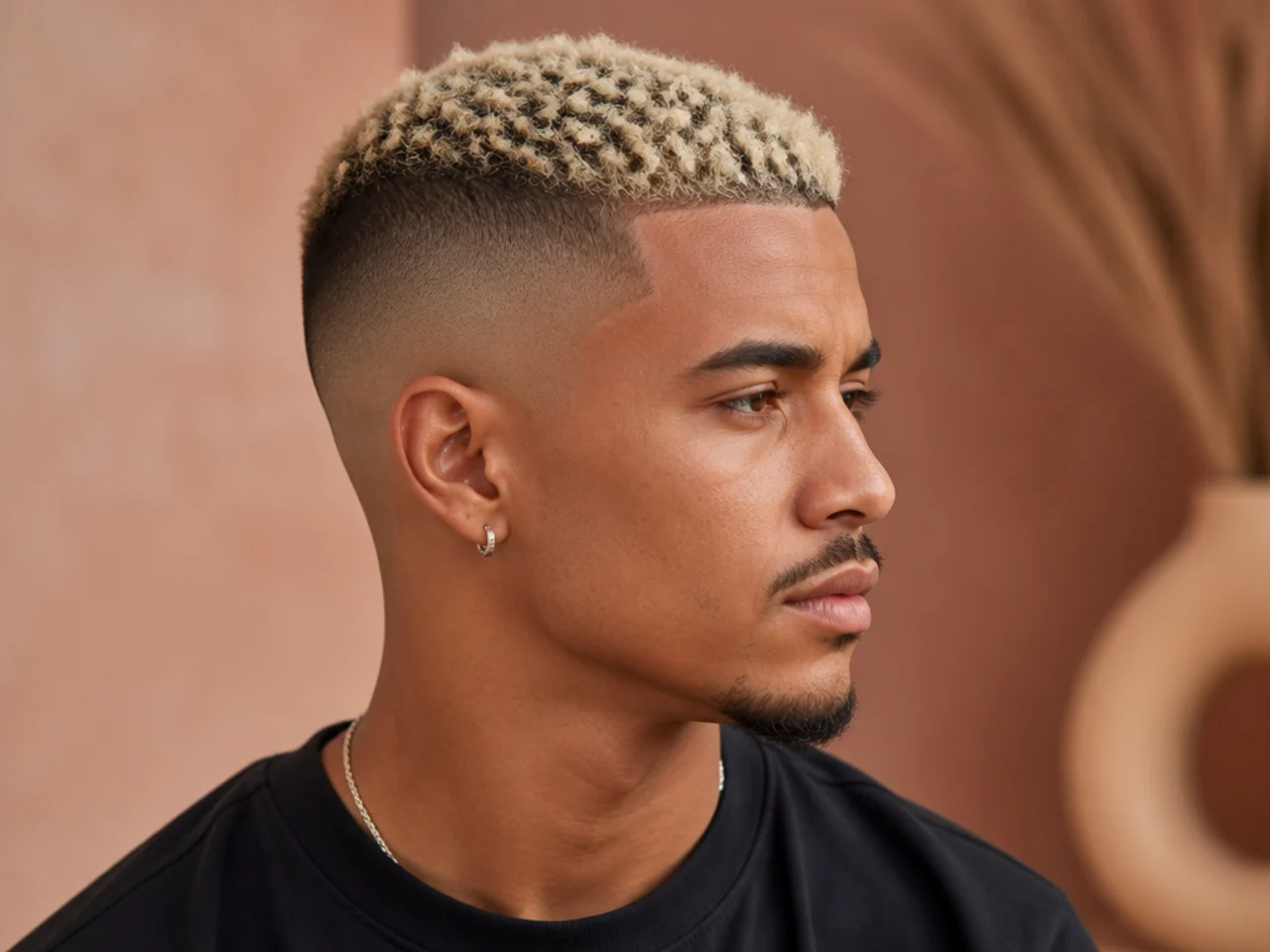 Short bleached-blonde textured top over dark natural roots on a Black man with a clean high skin fade at the sides