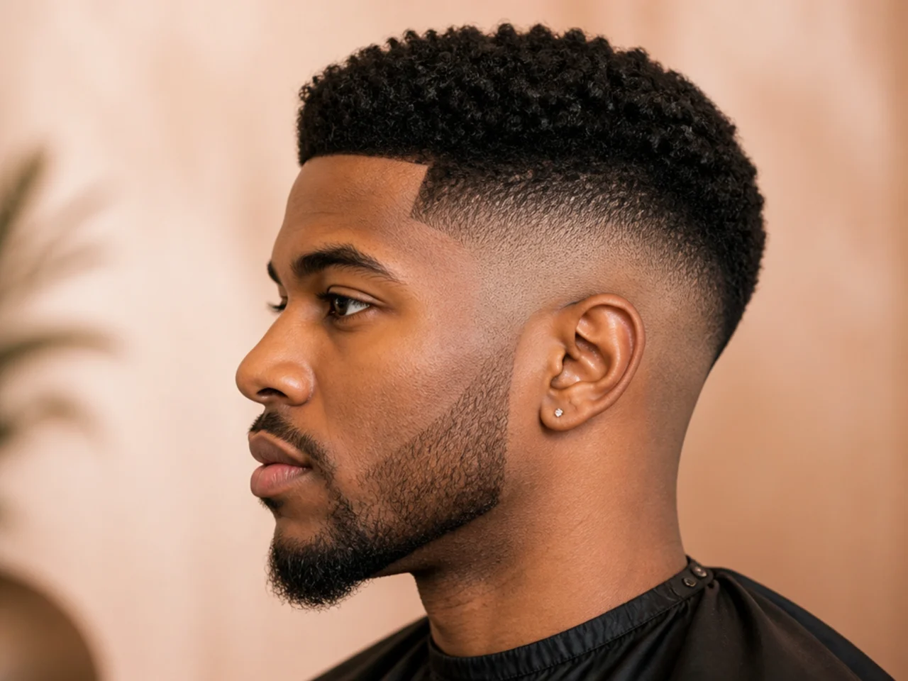 Two-inch shaped short afro on 4B hair with a high skin fade dropping aggressively from the parietal ridge
