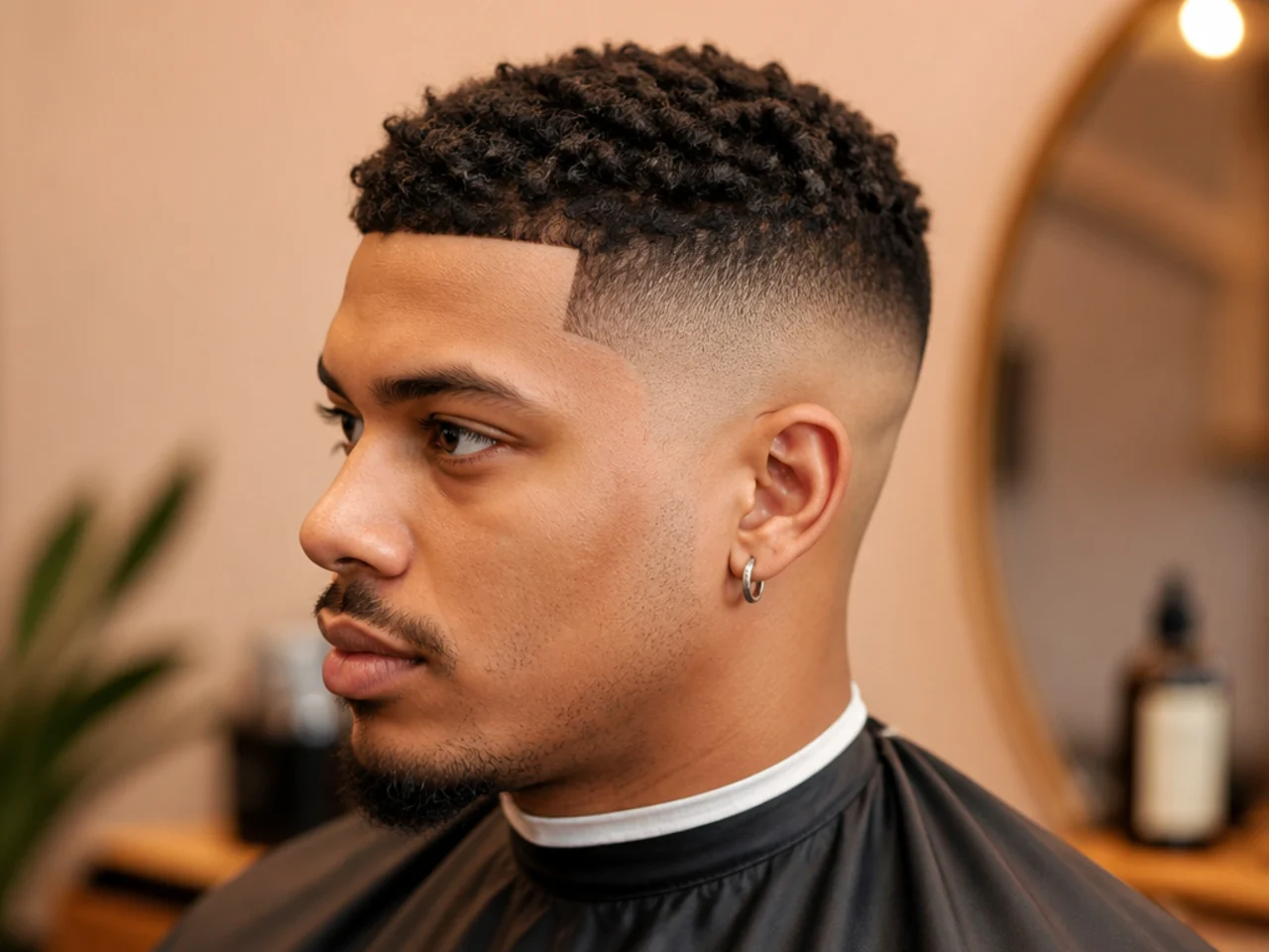 Textured short crop on a Black man with mid bald fade at the sides and forward-styled front pieces