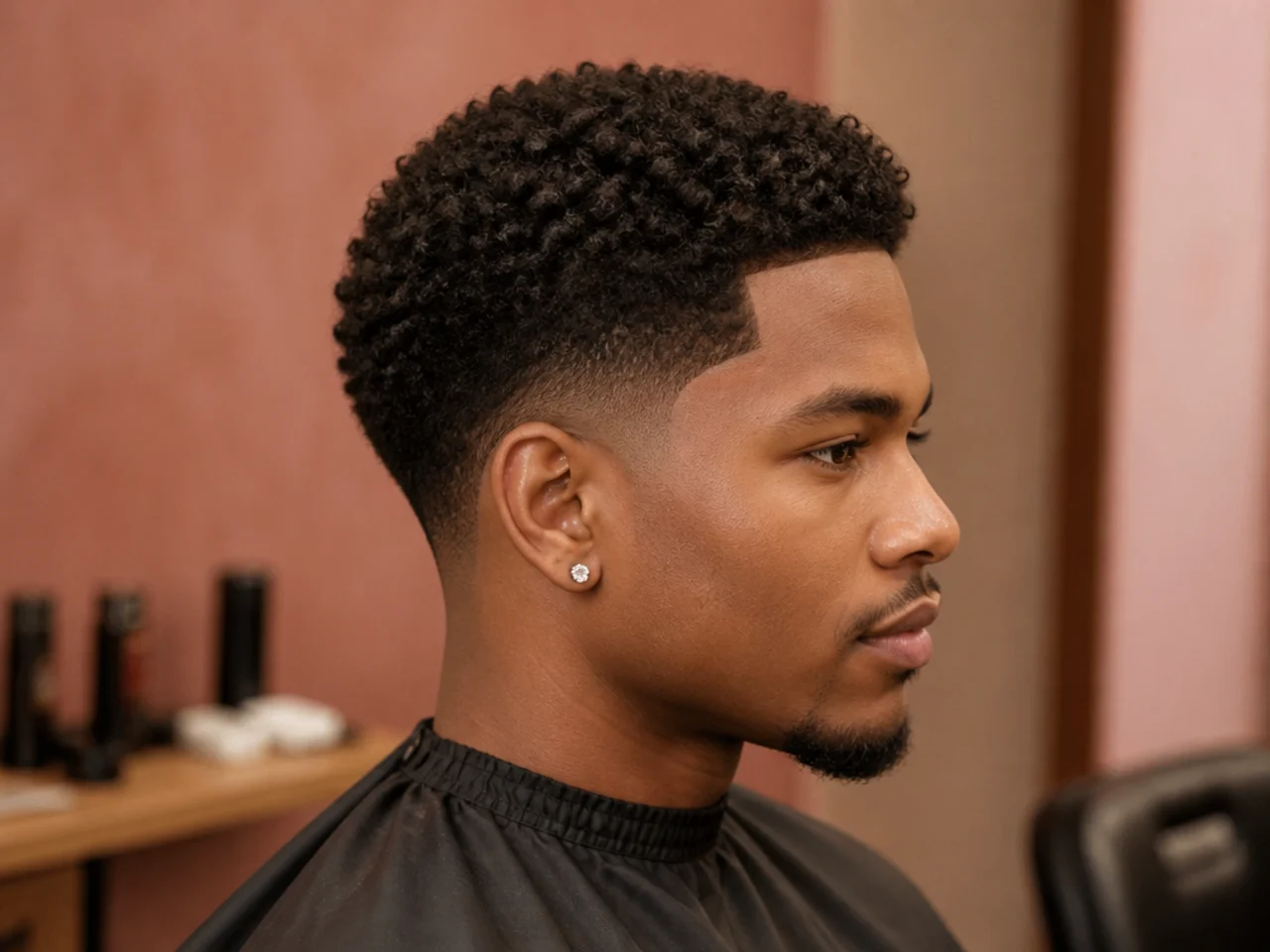 Short defined curls on a one-inch 4A top with a low drop skin fade curving cleanly behind the ear