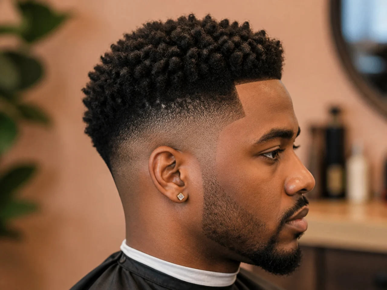 Tight uniform sponge coils on a one-and-a-half-inch 4C top with a mid drop skin fade curving around the ear
