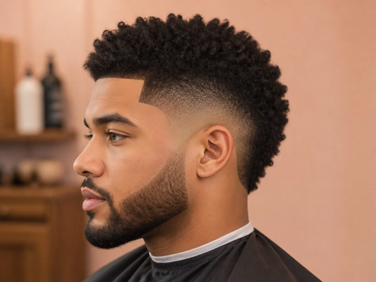 Short frohawk with a two-inch 4B center strip and a burst skin fade radiating around the ear on a Black man