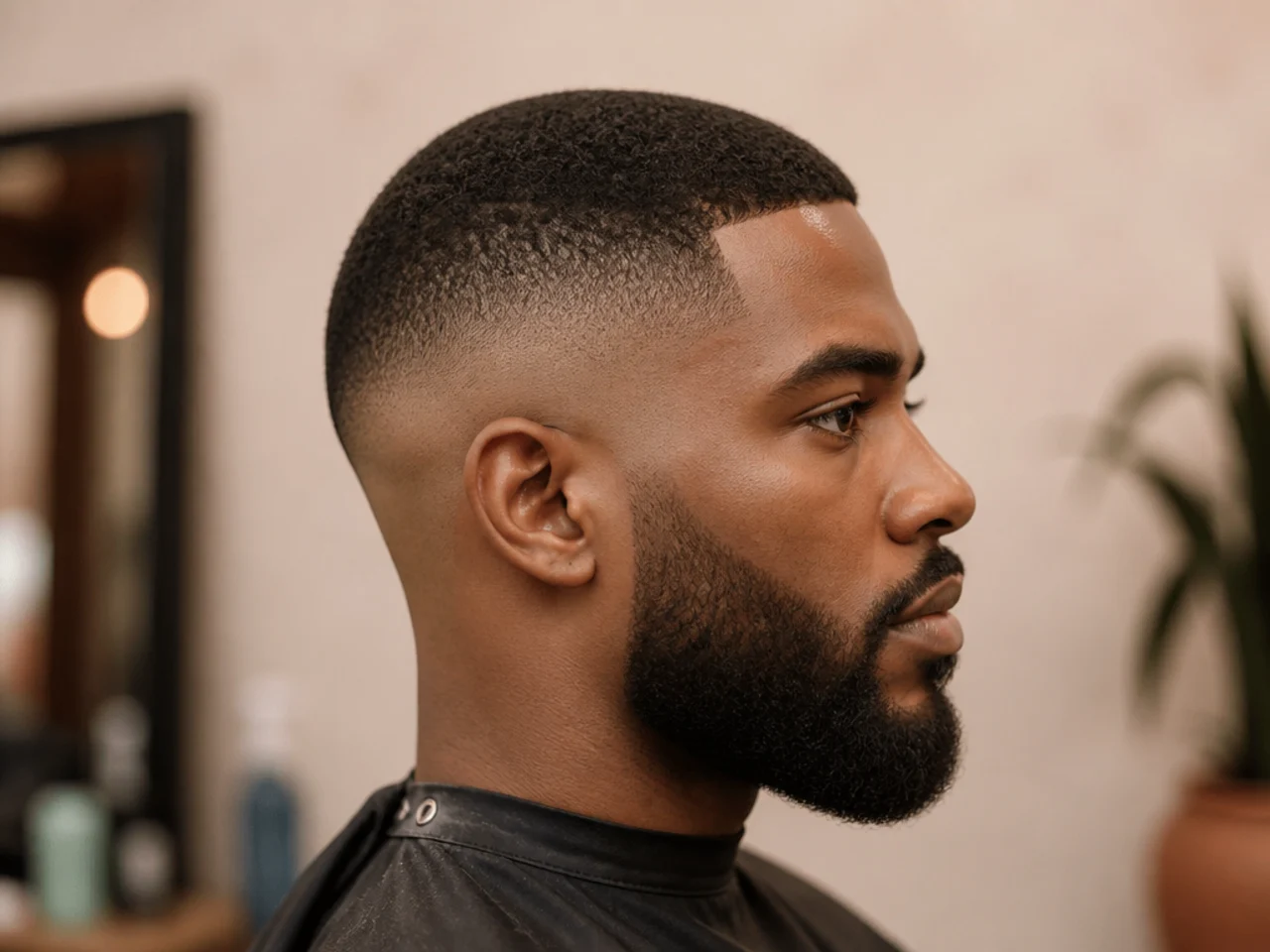 Very short buzz top with a high bald fade and a matched full beard blending into the fade line at the sideburn