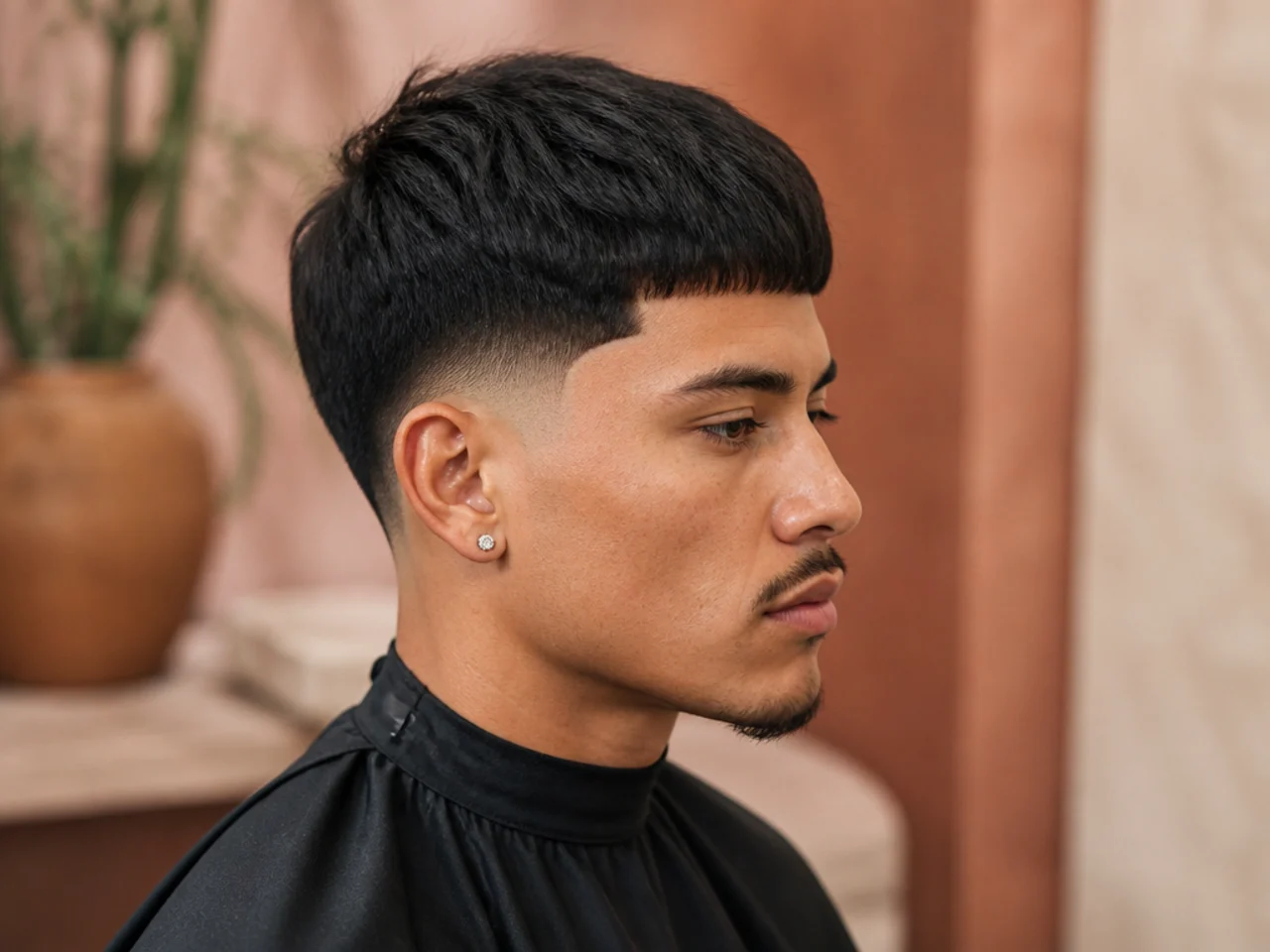 Textured edgar cut with straight-across razored fringe on a Black man with a low skin fade at the sides