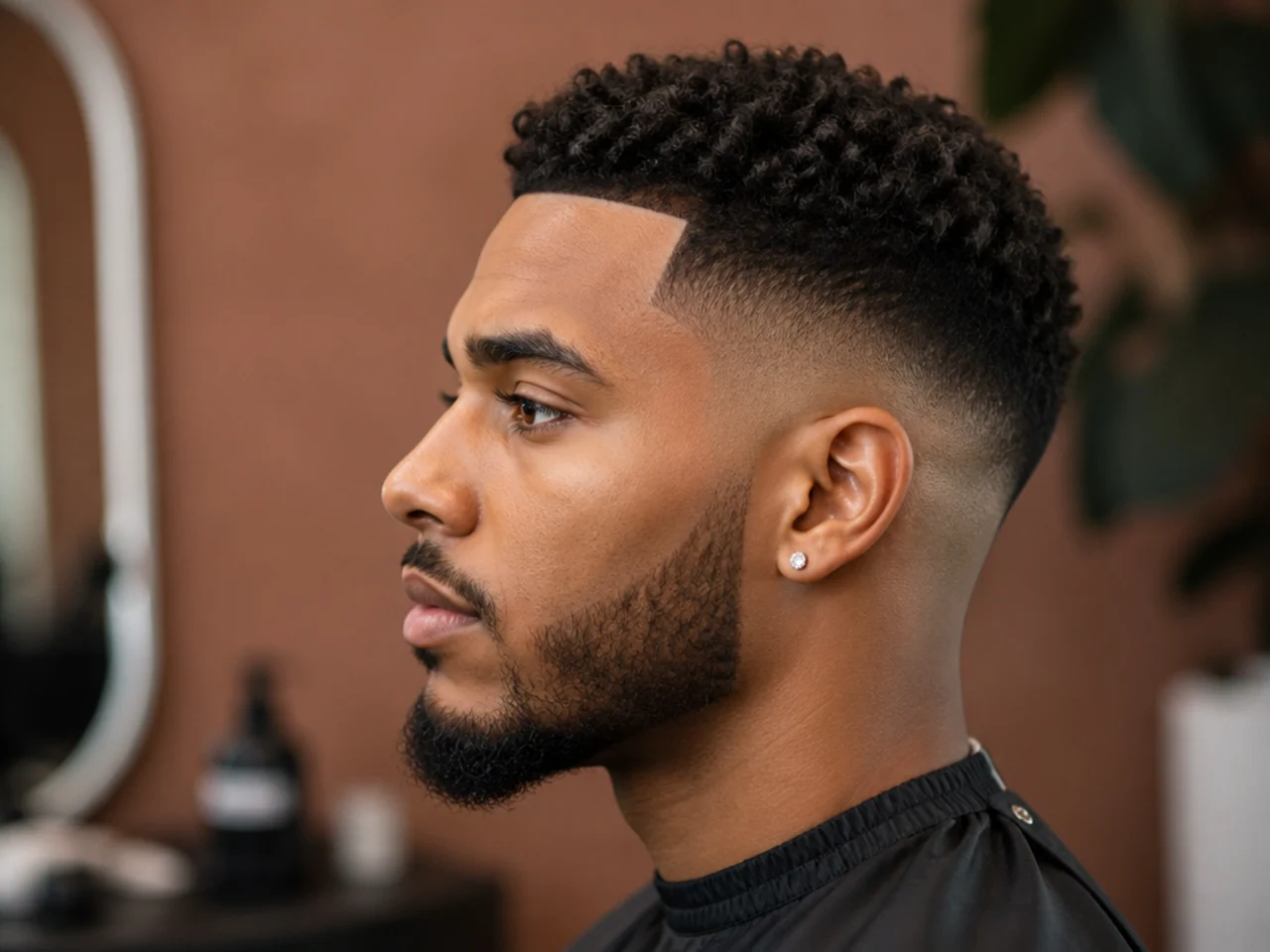 Black barbershop client showing a phone reference photo of a short skin fade to a Black barber before the cut