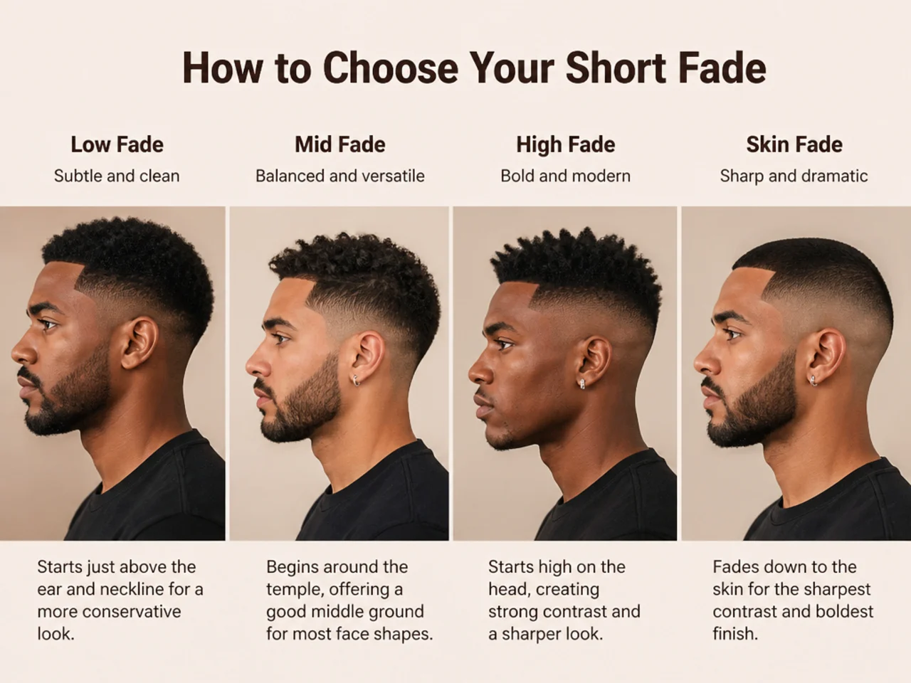 Three Black men side by side showing short buzz, brushed waves, and mini afro tops with low, mid, and high skin fades