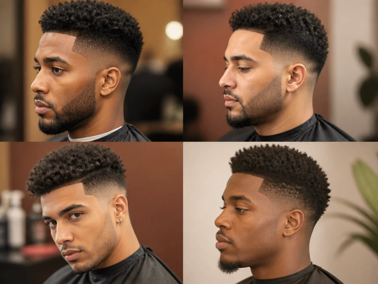 Short fade essentials laid out — sulfate-free shampoo, leave-in, light oil, boar-bristle brush, curl sponge, durag, edger