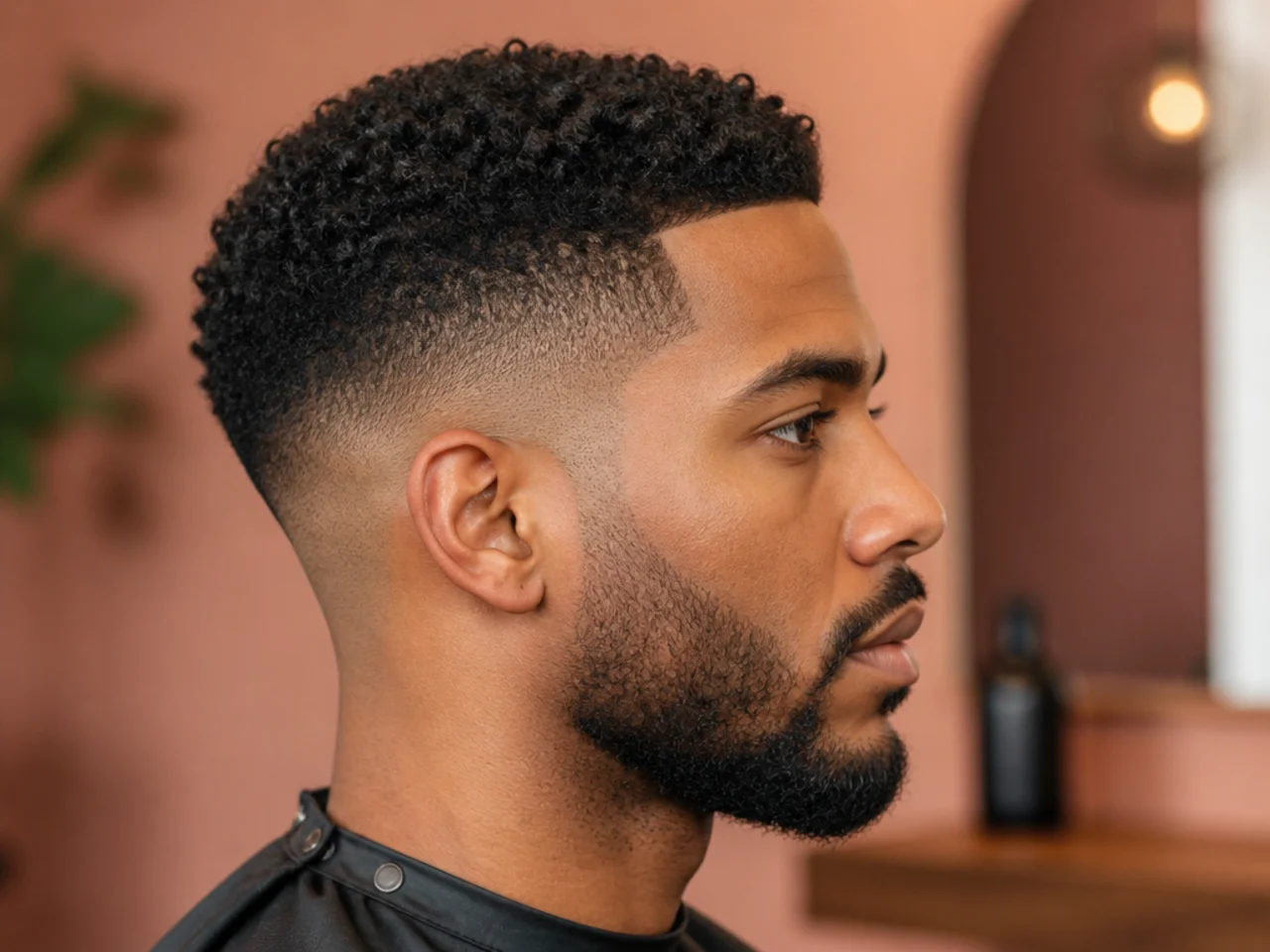 Close-up of a fresh short skin fade on 4B hair with a #2 buzz top and clean transition line above the ear