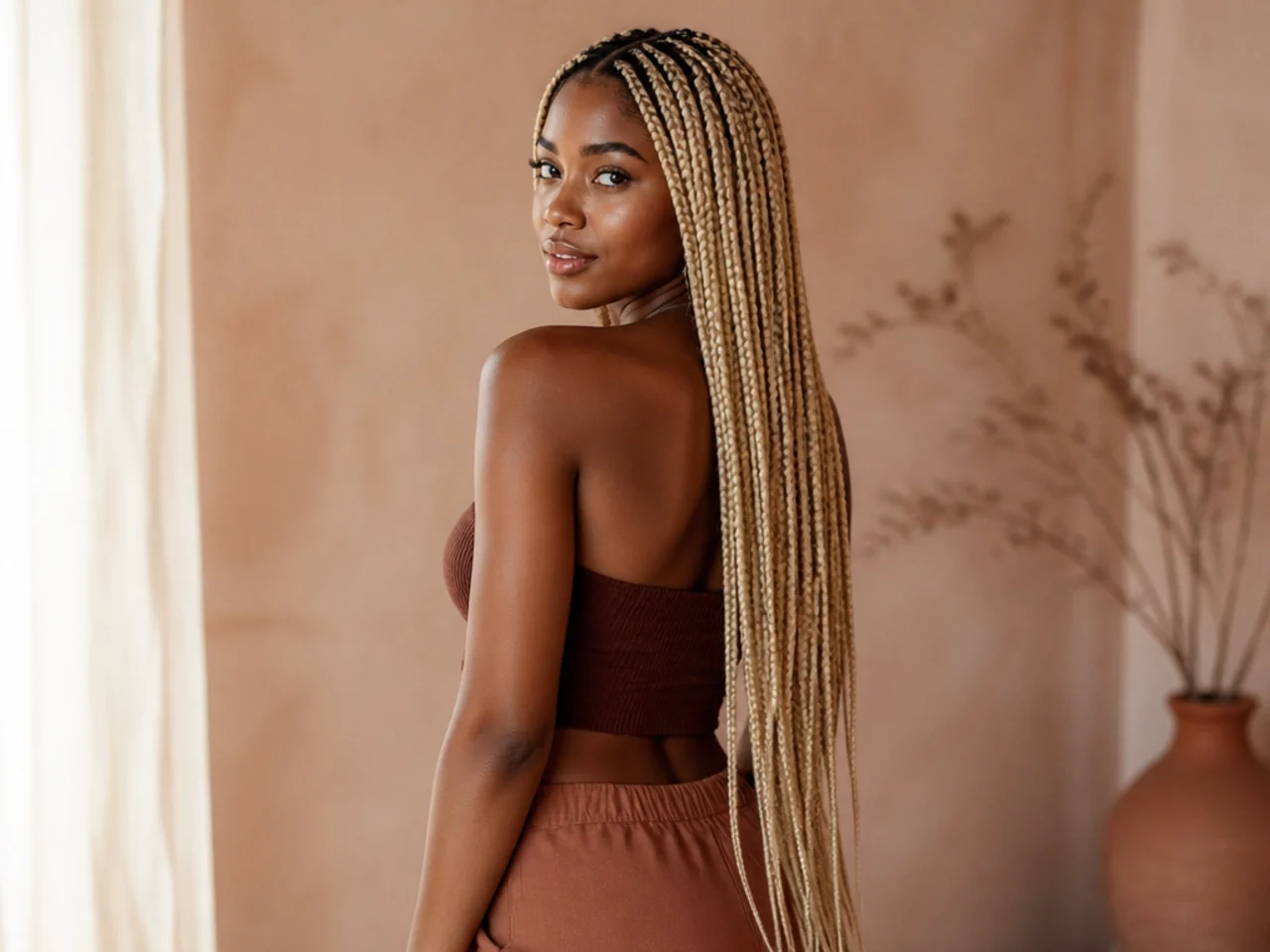 Waist-length blonde knotless braids