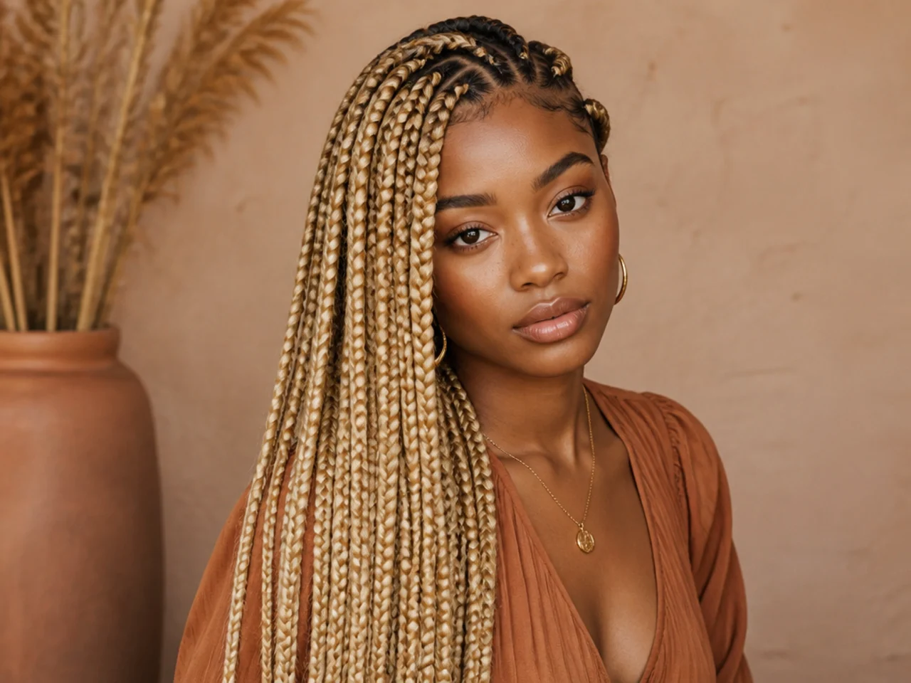 Blonde braids gathered over one shoulder