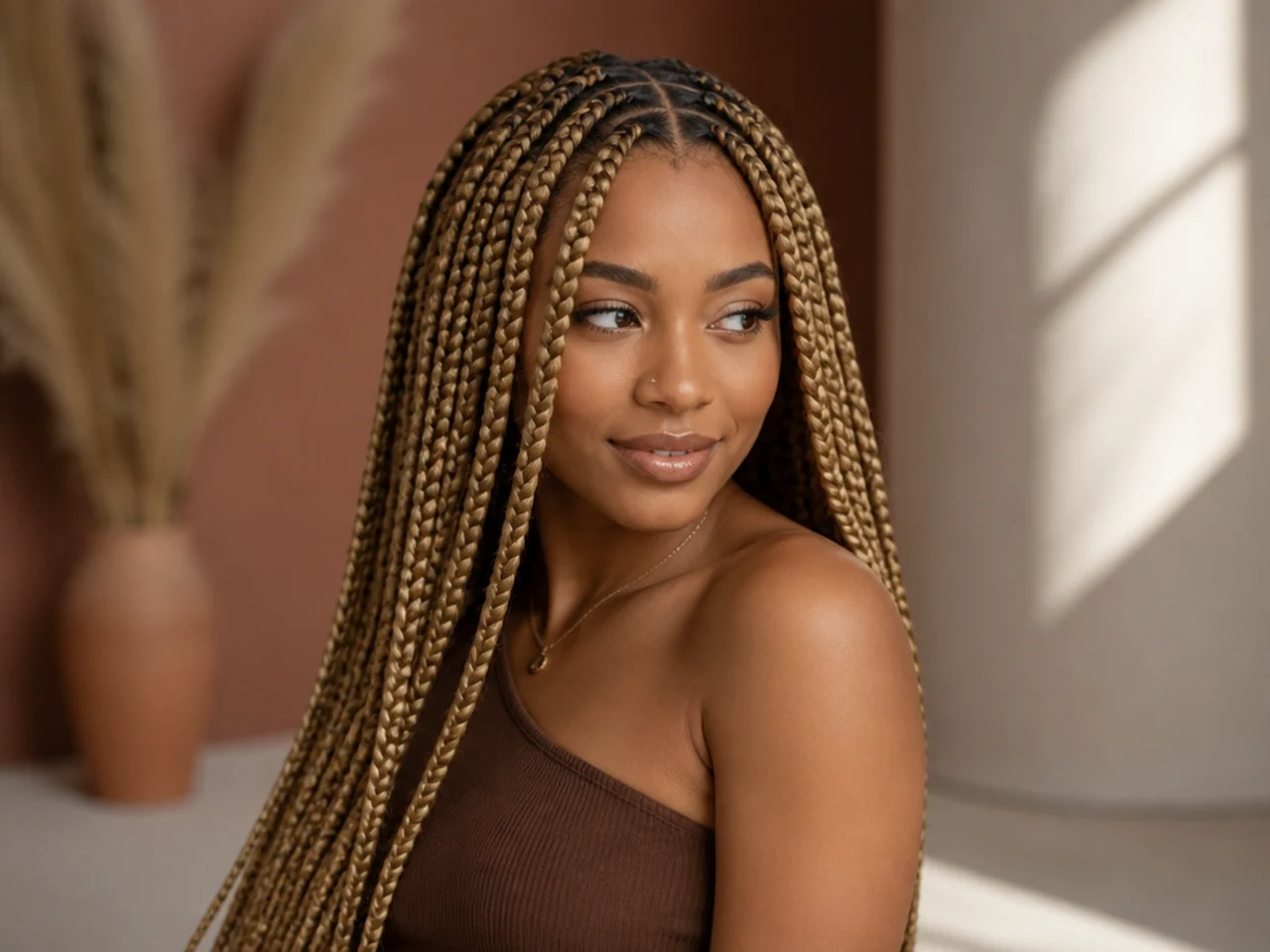Three-quarter view of finished blonde knotless braids