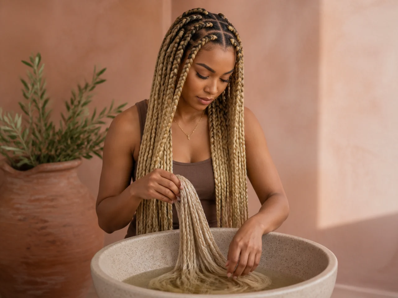 Blonde braiding hair soaking in a basin before installation