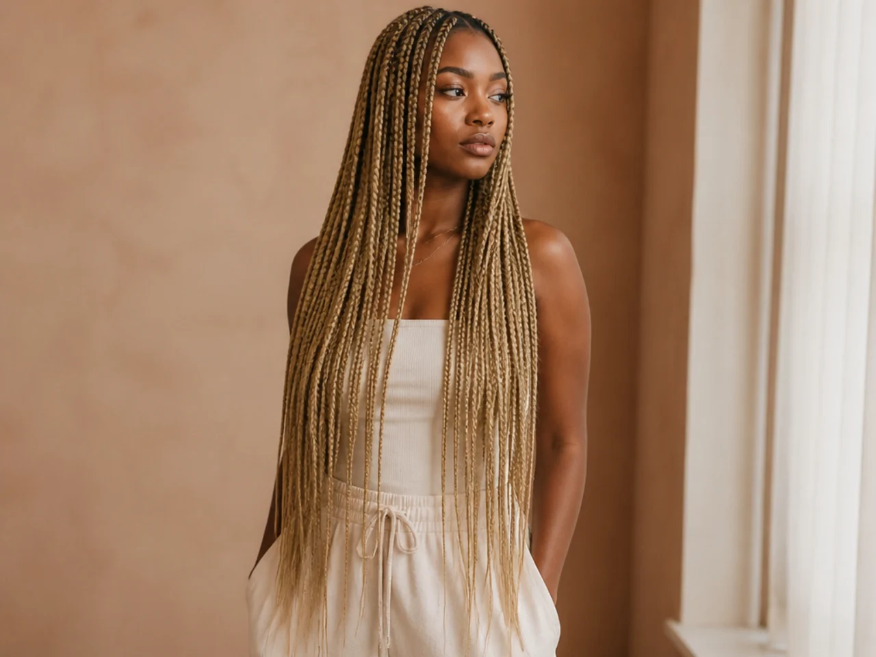 Waist-length blonde medium knotless braids