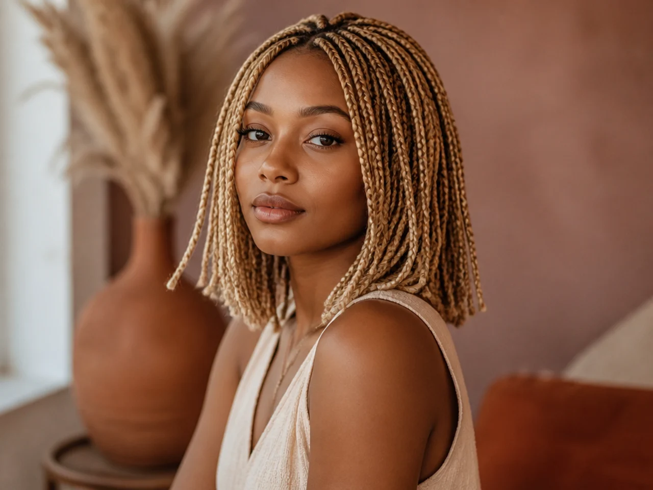 Shoulder-length blonde medium braids