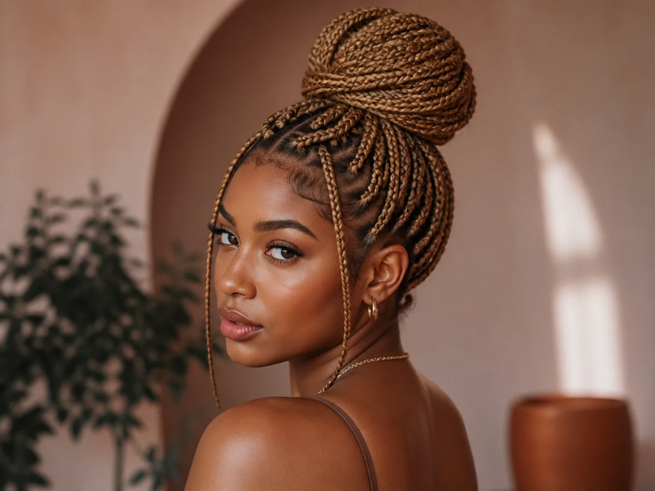 Blonde medium braids in a high bun