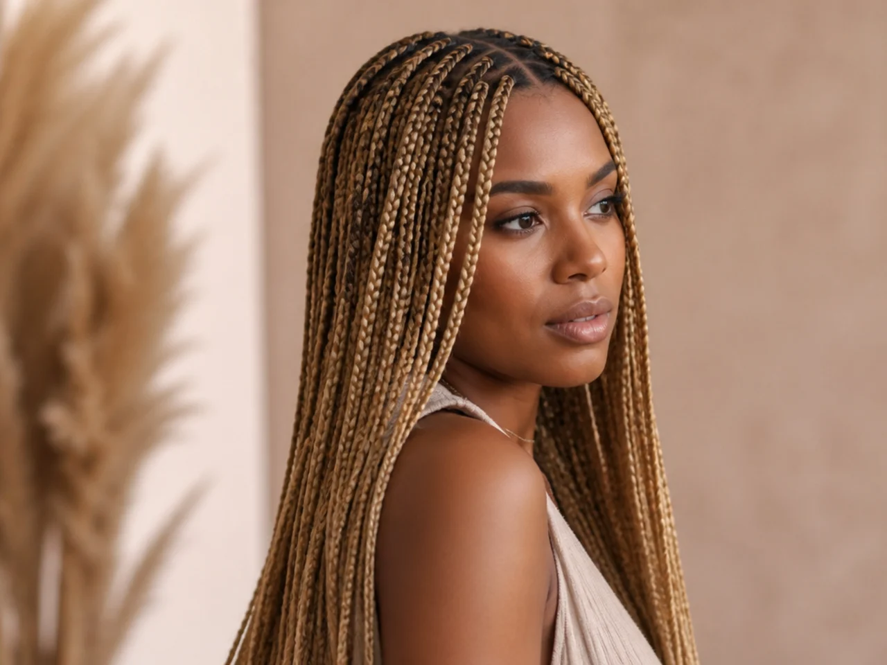 Three-quarter view of finished blonde medium knotless braids