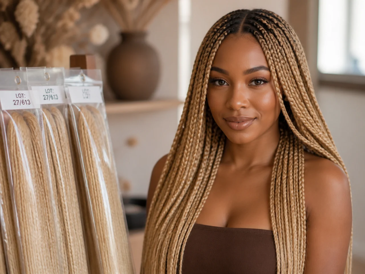 Packs of blonde braiding hair with lot numbers visible