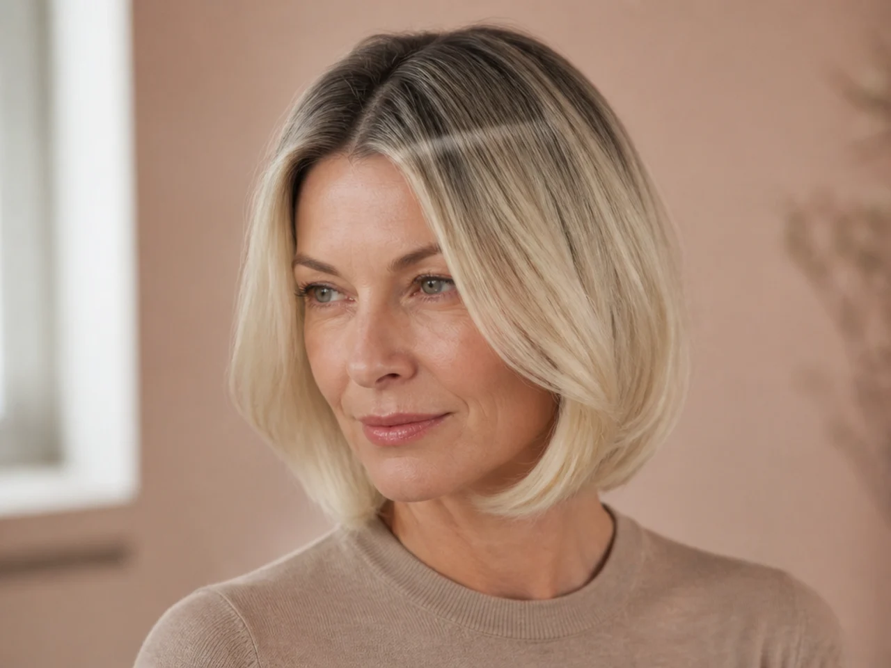 High-lift blonde showing a hard regrowth line