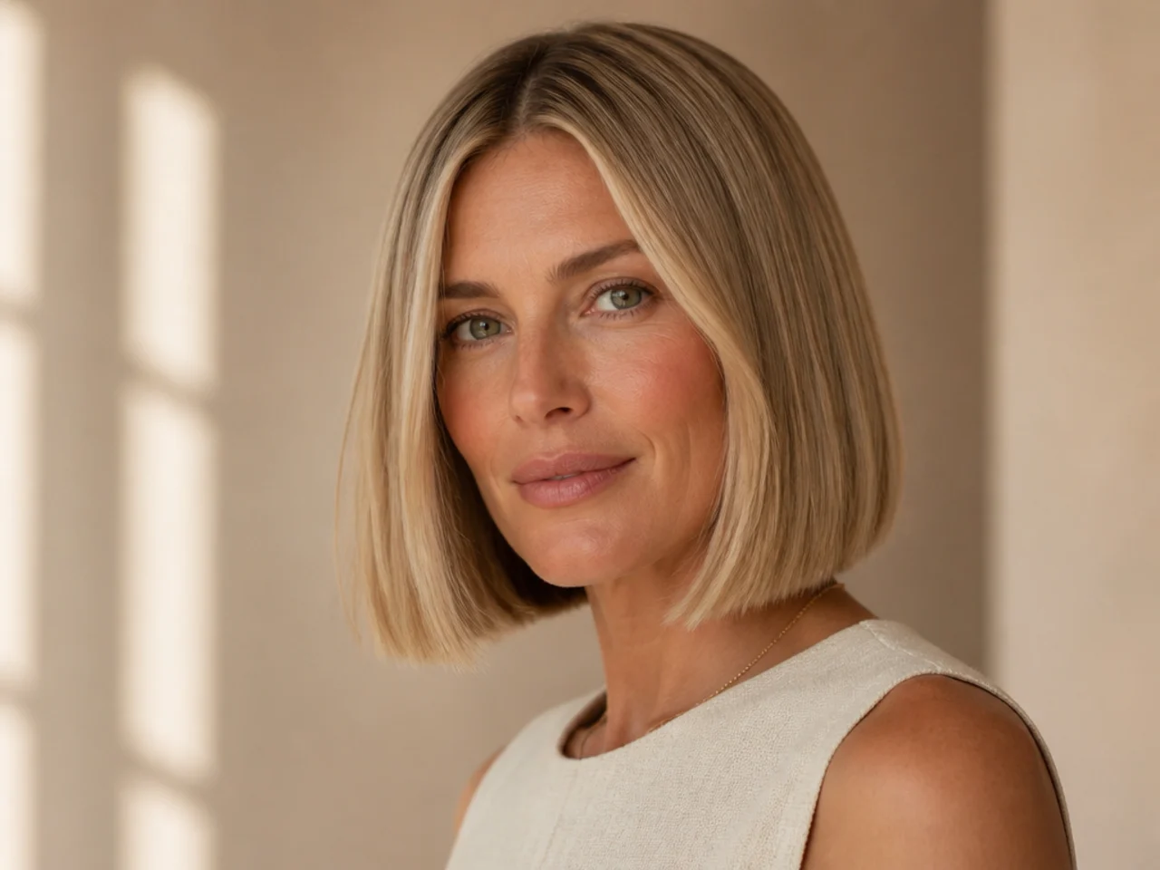 A blonde one-length bob
