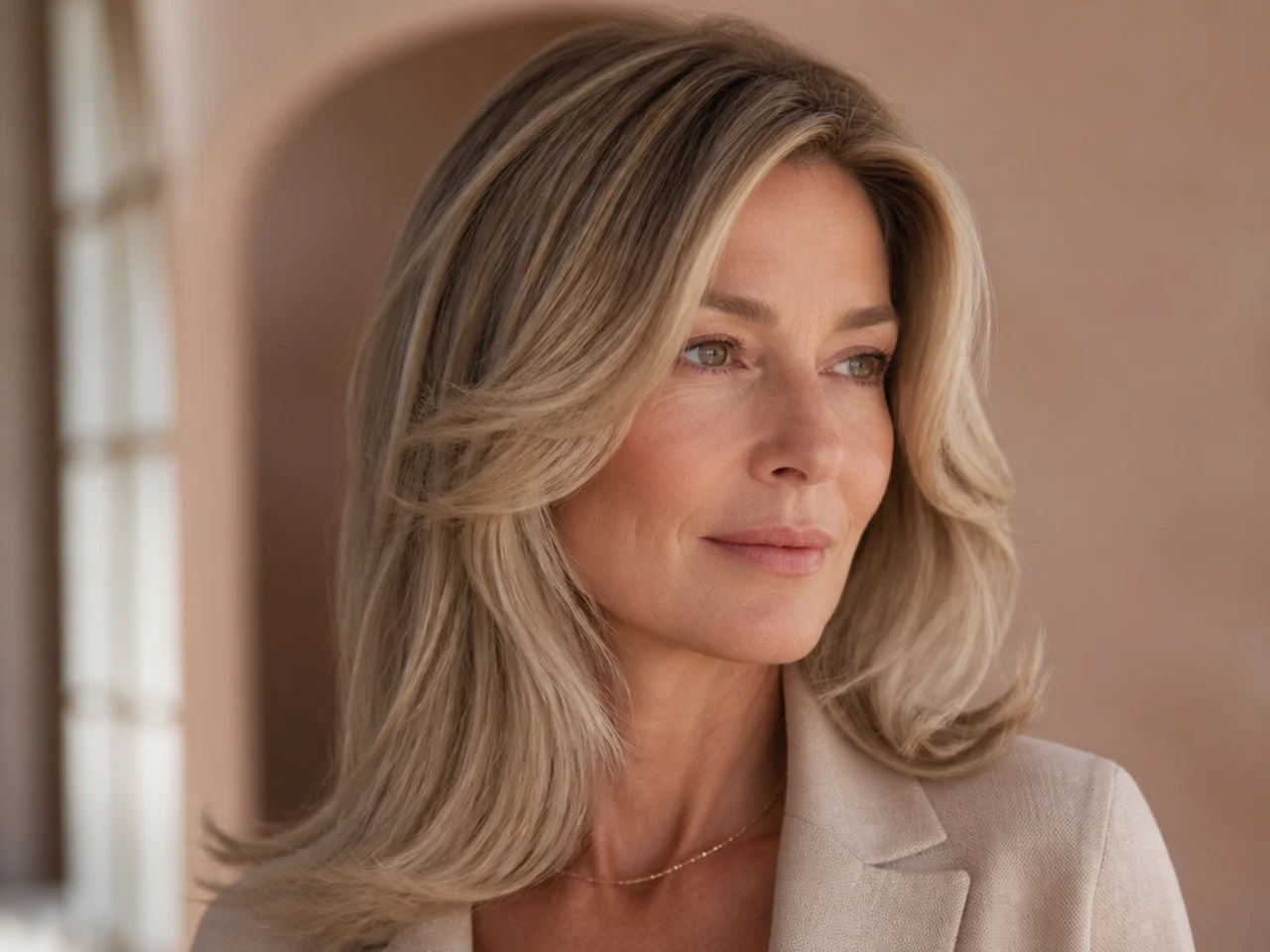 Three-quarter view of soft blonde hair with root depth