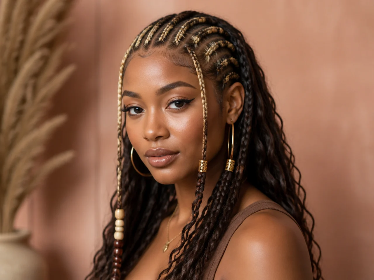 Fulani braids with blonde front cornrows and dark loose braids