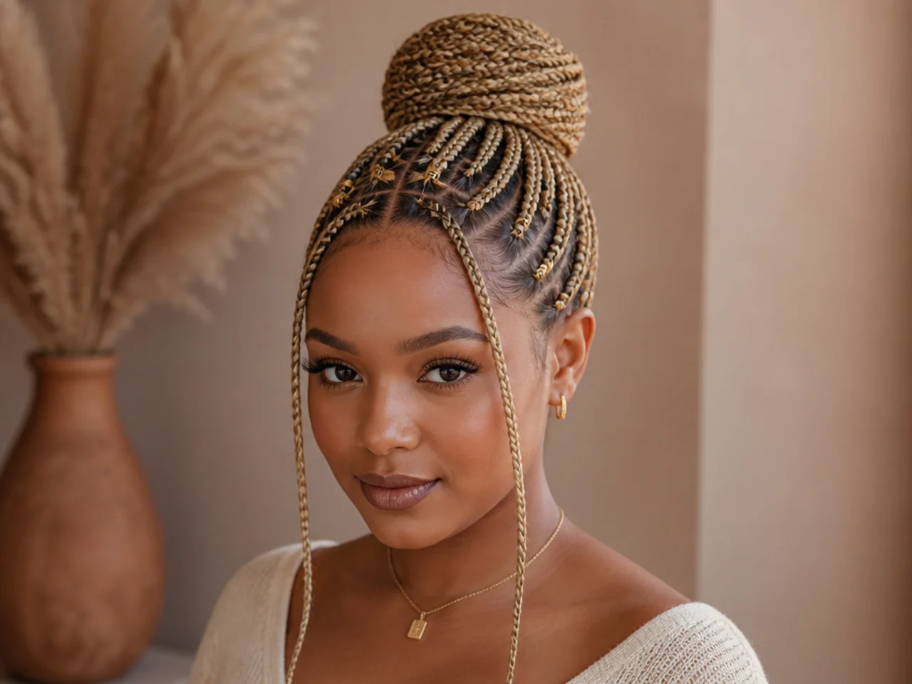 Blonde Fulani braids gathered into a high bun