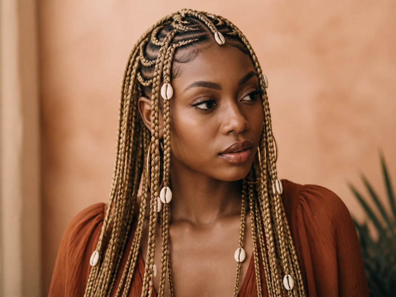 Blonde Fulani braids with white cowrie shells