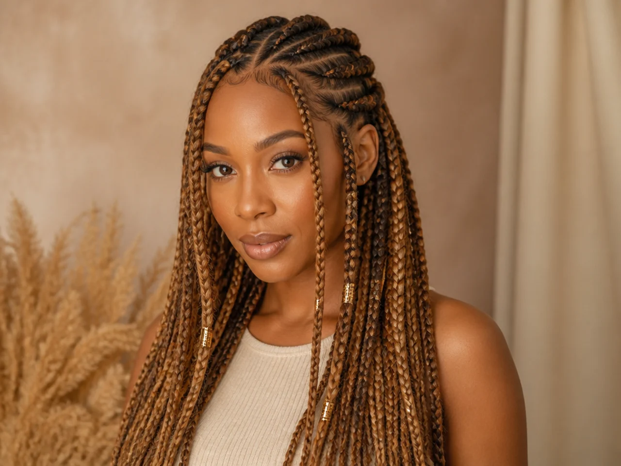 Caramel-toned Fulani braids with gold cuffs