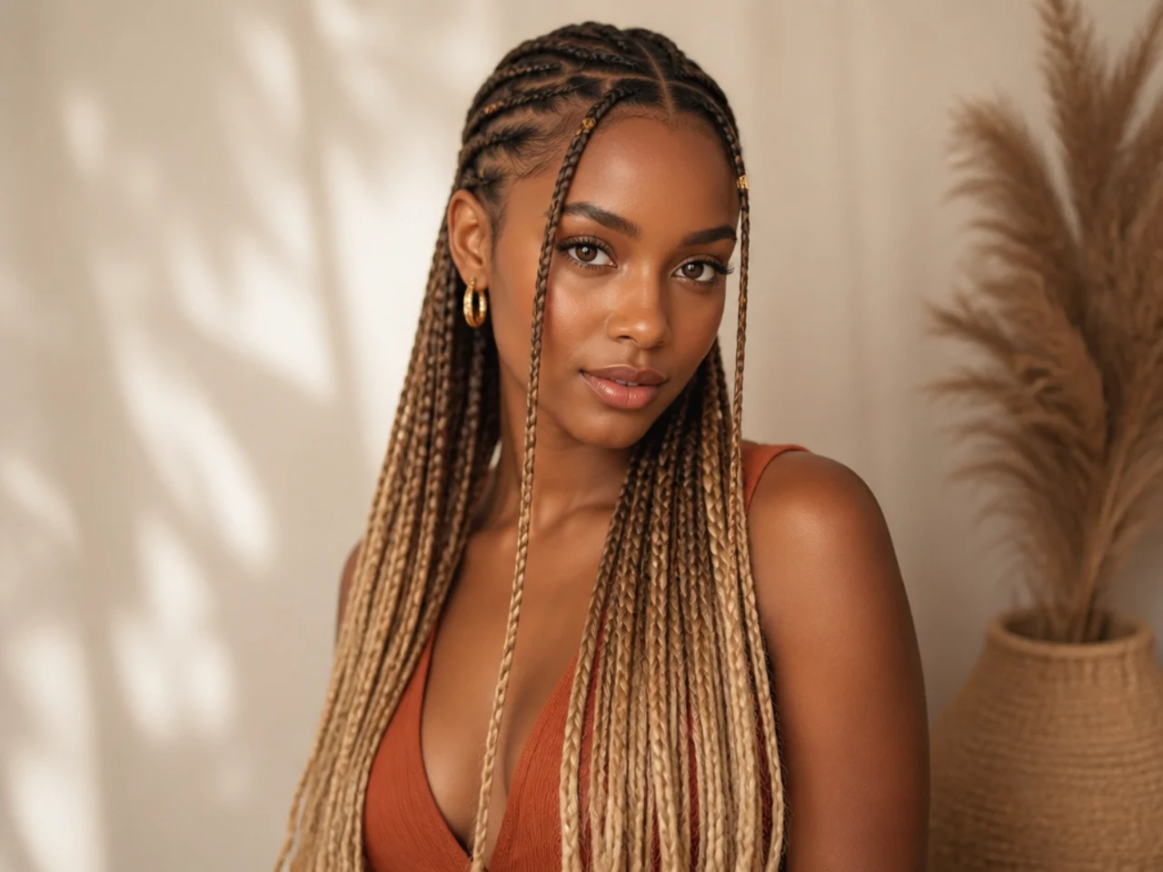 Fulani braids with black roots melting into blonde ends