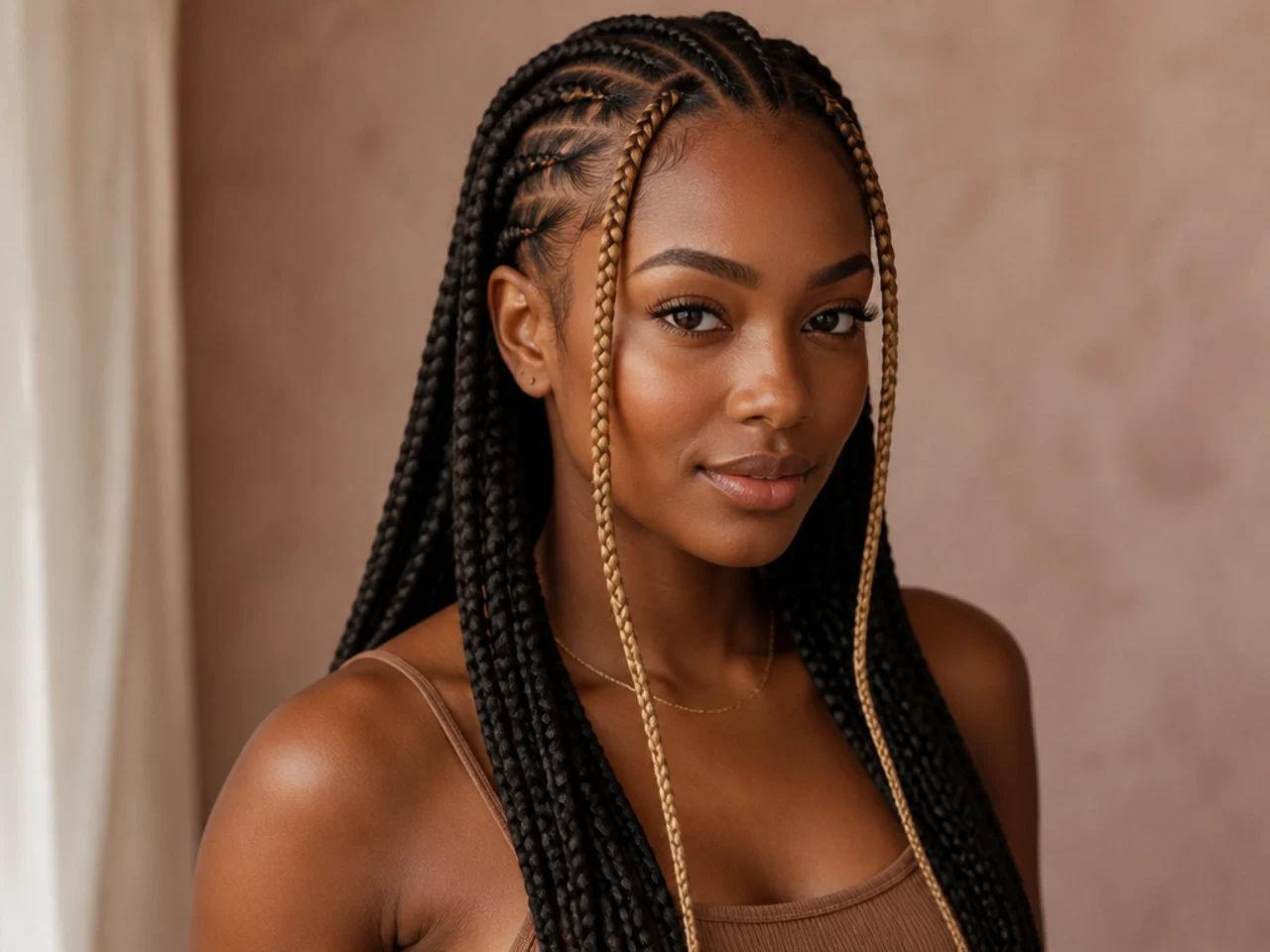 Fulani braids with only the two face-framing braids in blonde