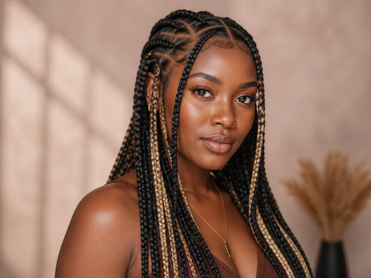 Black Fulani braids with occasional blonde braids mixed through