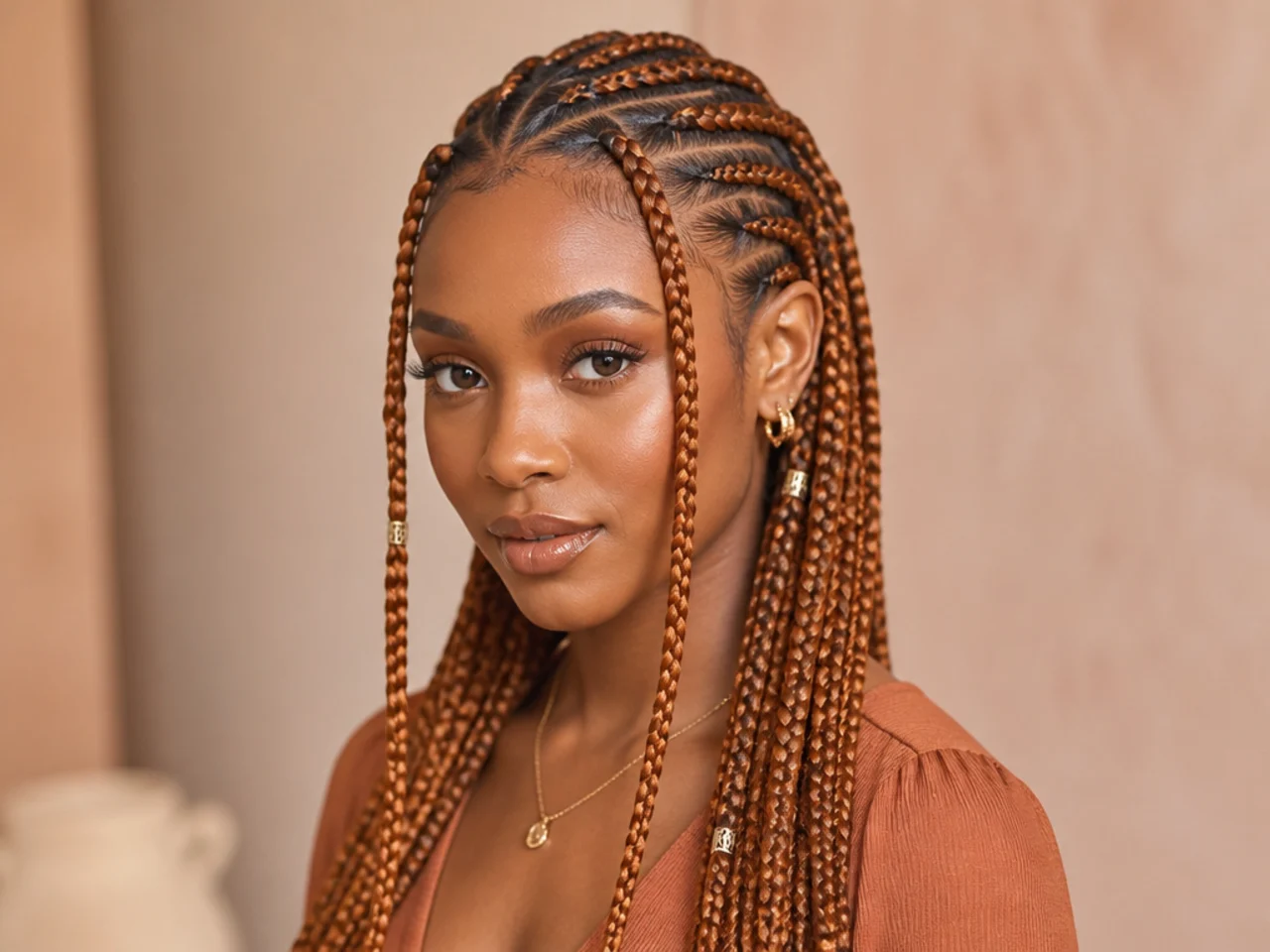 Strawberry blonde Fulani braids with a copper cast
