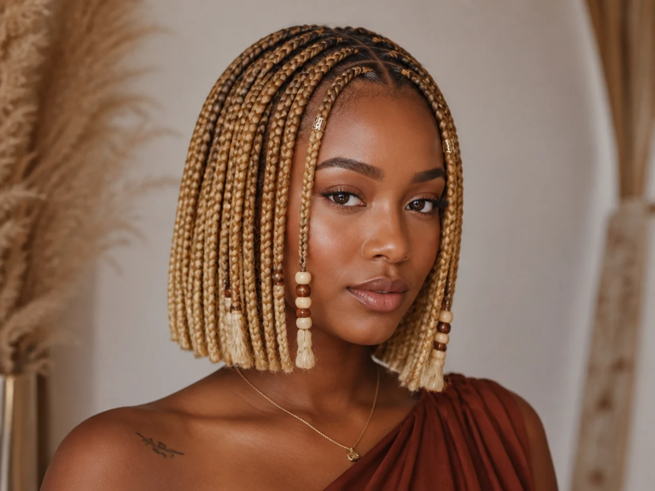 Blonde Fulani braids cut into a blunt bob