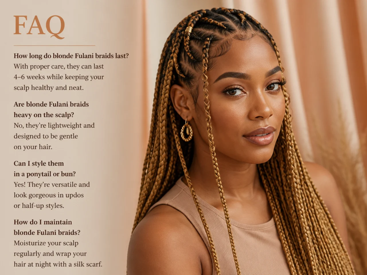 Finished honey blonde Fulani braids from three-quarter view
