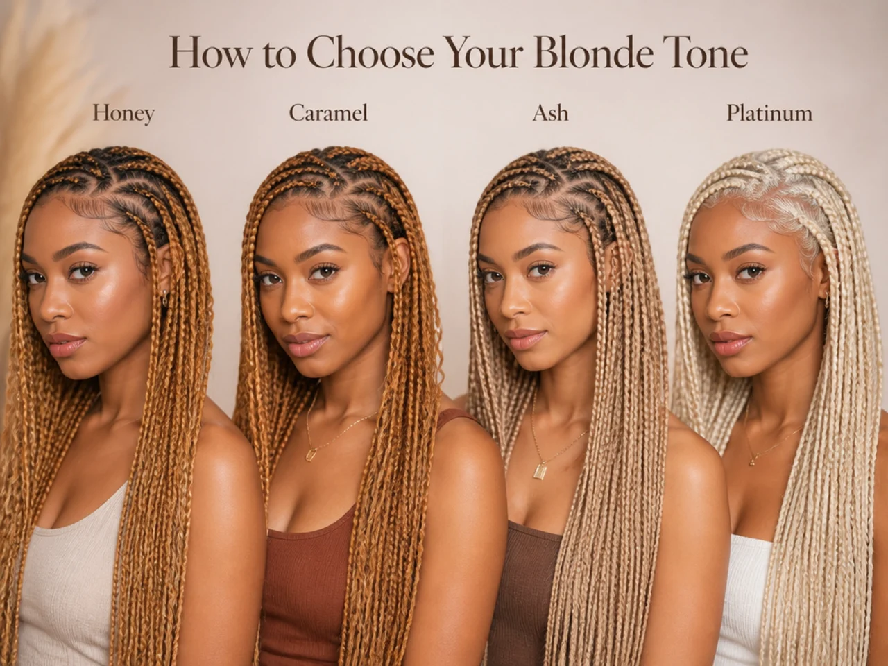 Honey, caramel, ash and platinum blonde braiding hair samples laid side by side