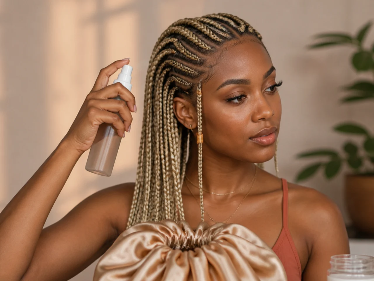 Light leave-in mist and satin bonnet arranged for blonde braid care