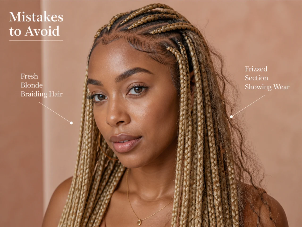 Fresh blonde braiding hair beside a frizzed section showing wear