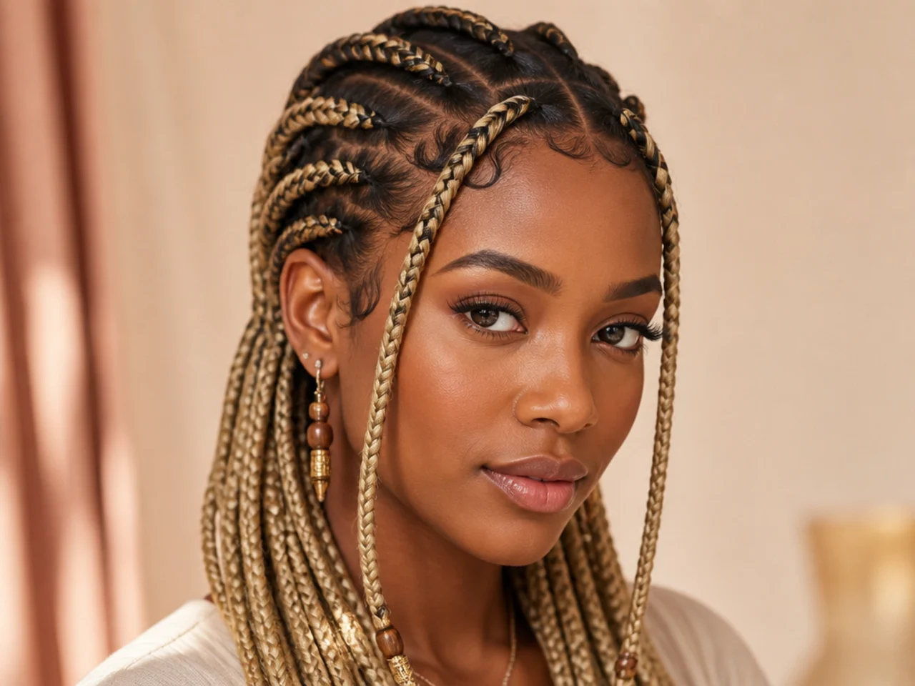 Close-up of honey blonde braiding hair braided into natural dark hair at the root