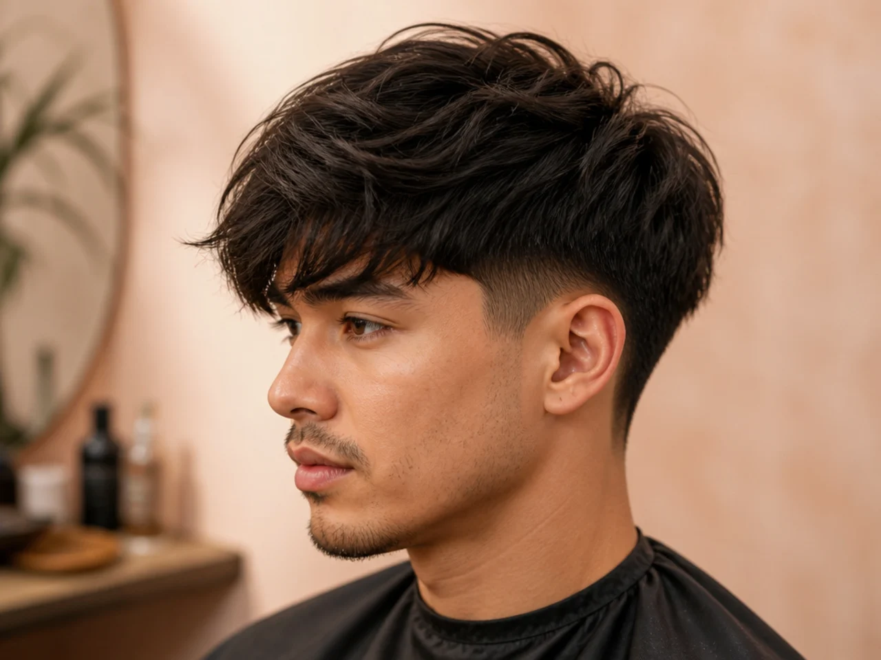 Fringe-forward mid taper blowout with front pieces falling on the forehead