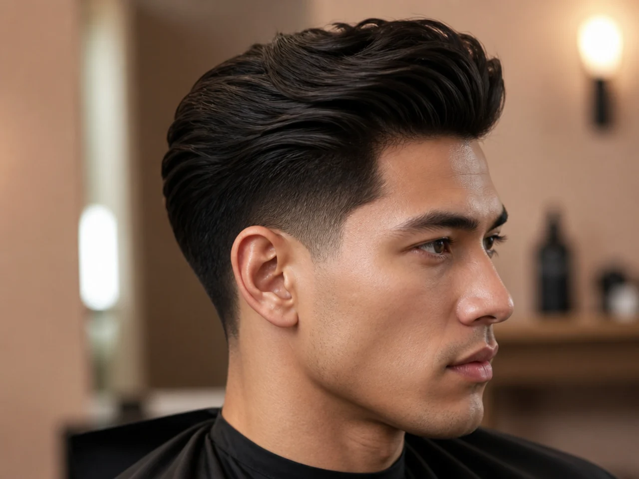 Slick mid taper blowout with high-gloss pomade finish on straight hair