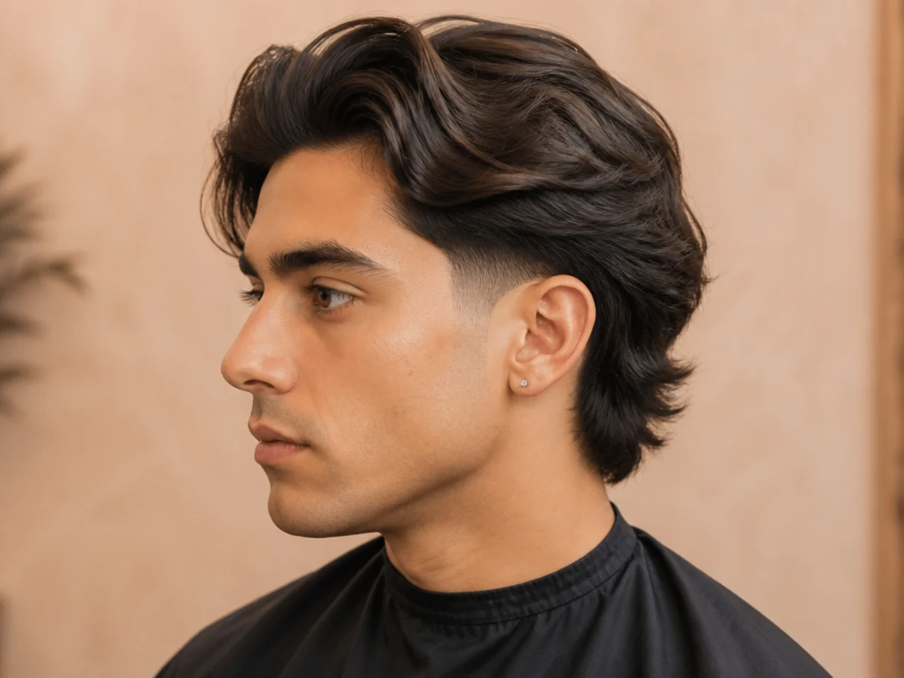 Long mid taper blowout with six-plus inches on top brushed up and back
