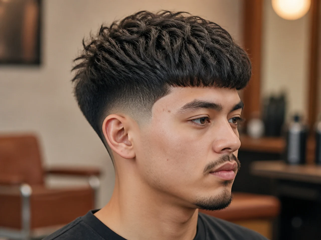 Mid taper blowout with a blunt Edgar fringe cut straight across the forehead