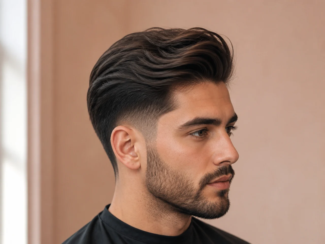 Mid taper blowout with a modern comb-over sweeping length across the crown