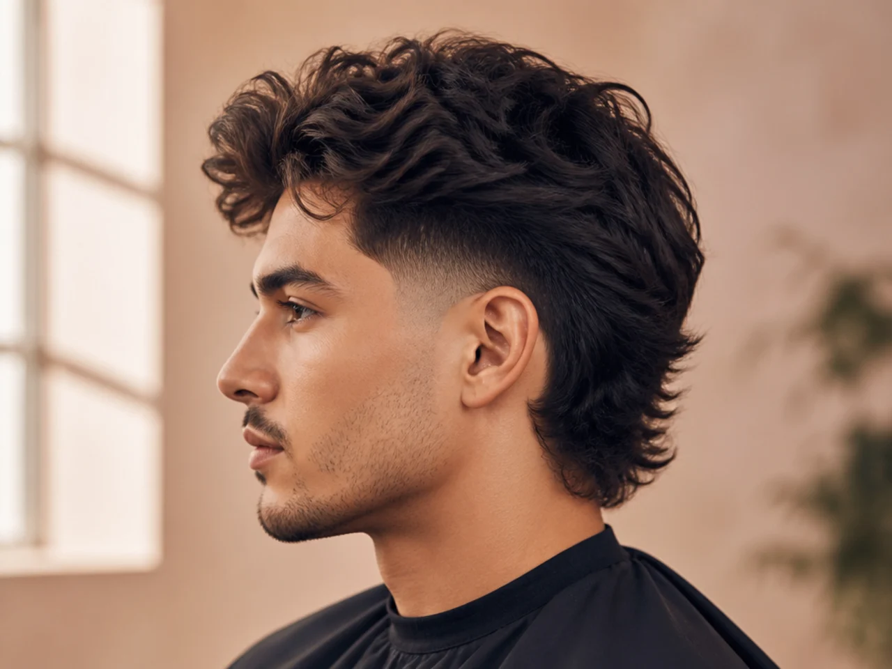 Mid taper blowout with a soft modern mullet back on wavy hair