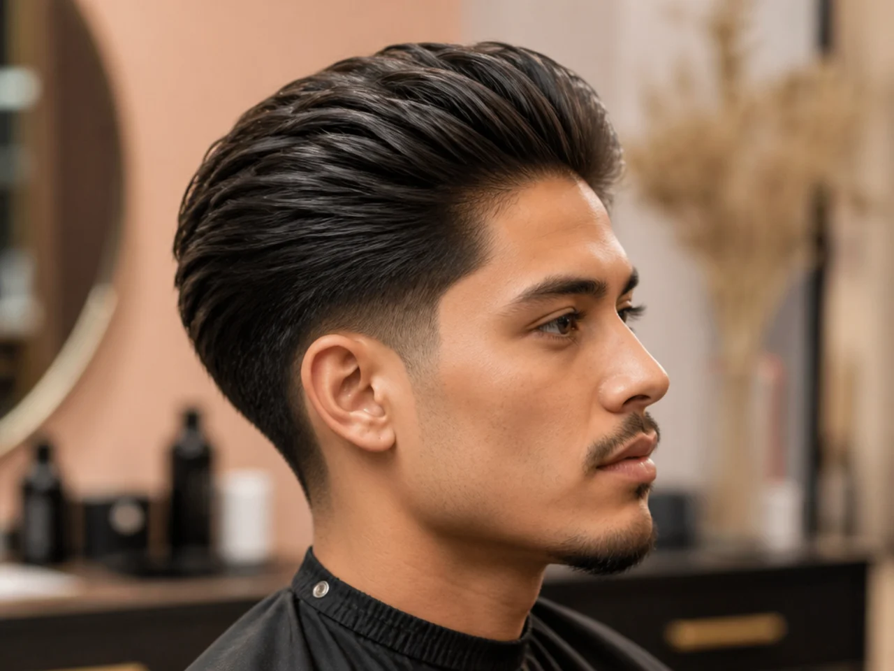 Sleek brushed-back mid taper blowout with a glossy backward sweep on straight hair