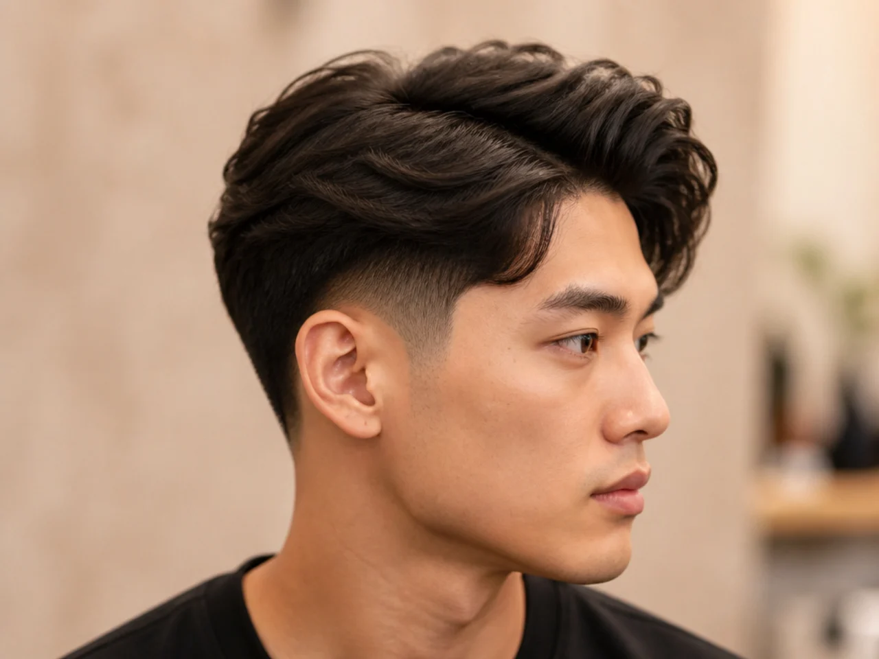 Side-swept mid taper blowout with a soft diagonal part on medium wavy hair