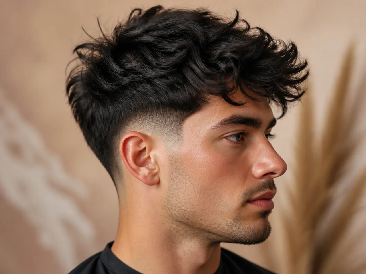 Messy tousled mid taper blowout with undone finger-styled top on wavy hair