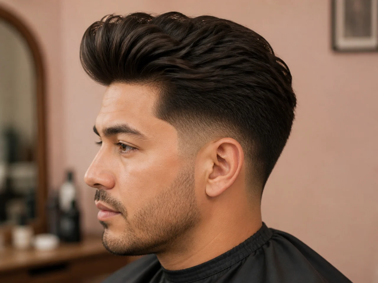 High-volume pompadour mid taper blowout with tall front lift on thick hair